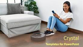  Presentation with smart home - PPT theme with young-latin-woman-cleaning-floor background and a coral colored foreground