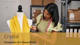  Presentation with thread - PPT layouts having young-latin-woman-dressmaker-choosing background and a gold colored foreground