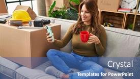  Presentation with coffee - PPT layouts enhanced with young-latin-woman-drinking-coffee background and a ocean colored foreground