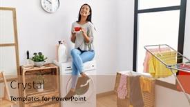  Presentation with laundry room - PPT layouts consisting of young-latin-woman-drinking-coffee background and a coral colored foreground