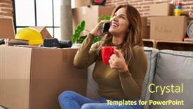  Presentation with coffee - Presentation theme having young-latin-woman-drinking-coffee background and a tawny brown colored foreground