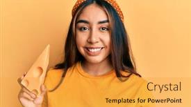  Presentation with eating - Presentation theme featuring young-latin-woman-eating-emmental background and a yellow colored foreground