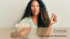 Presentation with eating - Amazing PPT theme having young-latin-woman-eating-popcorn backdrop and a coral colored foreground