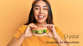 Presentation with burger - Cool new presentation theme with young-latin-woman-eating backdrop and a yellow colored foreground