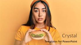  Presentation with burger - Slide deck with young-latin-woman-eating background and a yellow colored foreground