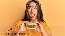  Presentation with burger - PPT layouts with young-latin-woman-eating background and a gold colored foreground