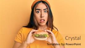  Presentation with burger - Beautiful PPT layouts featuring young-latin-woman-eating backdrop and a yellow colored foreground