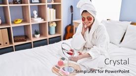  Presentation with treatment - Presentation theme with young-latin-woman-having-baggy background and a white colored foreground