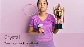  Presentation with badminton - Cool new PPT theme with young-latin-woman-holding-badminton backdrop and a soft green colored foreground
