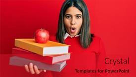  Presentation with books - PPT theme having young-latin-woman-holding-books background and a red colored foreground