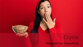 Presentation with lentils - PPT theme featuring young-latin-woman-holding-bowl background and a crimson colored foreground