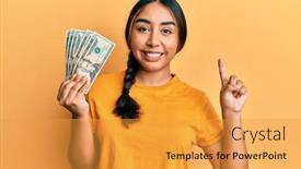  Presentation with idea - PPT theme enhanced with young-latin-woman-holding-dollars background and a gold colored foreground
