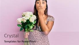  Presentation with hand holding flowers - Slide set consisting of young-latin-woman-holding-flowers background and a soft green colored foreground