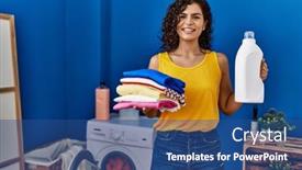  Presentation with laundry room - Presentation design enhanced with young-latin-woman-holding-folded background and a ocean colored foreground