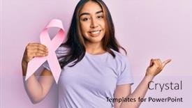  Presentation with cancer - PPT theme with young-latin-woman-holding-pink background and a light blue colored foreground