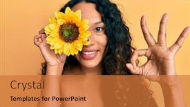  Presentation with sunflower - Beautiful theme featuring young-latin-woman-holding-sunflower backdrop and a red colored foreground
