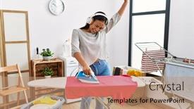  Presentation with latin music - Slide deck consisting of young-latin-woman-listening background and a coral colored foreground