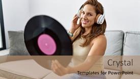  Presentation with music vinyl - Slides with young-latin-woman-listening background and a coral colored foreground