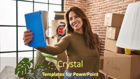  Presentation with selfie - PPT theme enhanced with young-latin-woman-make-selfie background and a tawny brown colored foreground