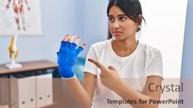  Presentation with physiotherapy - PPT theme featuring young-latin-woman-patient-wearing background and a coral colored foreground