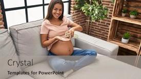  Presentation with lotion - PPT theme having young-latin-woman-pregnant-applying background and a light gray colored foreground