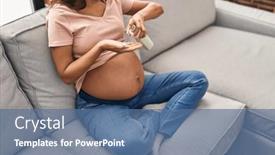  Presentation with lotion - PPT theme having young-latin-woman-pregnant-applying background and a ocean colored foreground