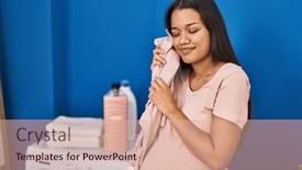  Presentation with baby clothes - Presentation enhanced with young-latin-woman-pregnant-holding background and a coral colored foreground