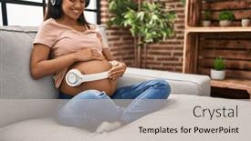  Presentation with latin music - Slide deck enhanced with young-latin-woman-pregnant-listening background and a soft green colored foreground