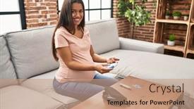  Presentation with pregnant woman - Presentation theme having young-latin-woman-pregnant-measuring background and a coral colored foreground