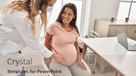  Presentation with pregnant woman doctor - Slide set with young-latin-woman-pregnant background and a coral colored foreground