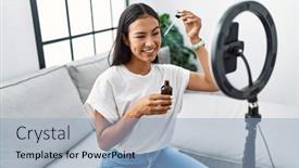  Presentation with recording - PPT theme featuring young-latin-woman-recording-makeup background and a light blue colored foreground