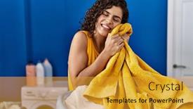  Presentation with laundry room - Presentation consisting of young-latin-woman-smiling-confident background and a gold colored foreground