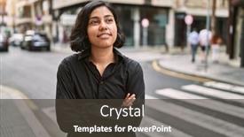  Presentation with young business woman smile show - Presentation theme featuring young-latin-woman-smiling-confident background and a dark gray colored foreground