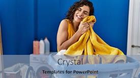  Presentation with laundry room - Presentation design enhanced with young-latin-woman-smiling-confident background and a light blue colored foreground