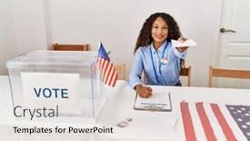  Presentation with vote - PPT theme having young-latin-woman-smiling-confident background and a sky blue colored foreground