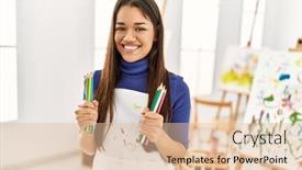  Presentation with color pencils - Presentation theme with young-latin-woman-smiling-confident background and a lemonade colored foreground
