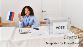  Presentation with russia flag - Slide deck featuring young-latin-woman-smiling-confident background and a lemonade colored foreground