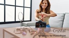  Presentation with recording - Slide deck consisting of young-latin-woman-smiling-confident background and a  colored foreground