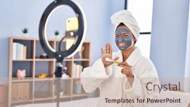  Presentation with record - Presentation design having young-latin-woman-smiling-confident background and a soft green colored foreground