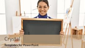  Presentation with confident - Presentation design enhanced with young-latin-woman-smiling-confident background and a  colored foreground