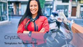  Presentation with motorcycle - Theme with young-latin-woman-smiling-happy background and a teal colored foreground