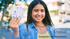  Presentation with college education happy smiling - Theme featuring young-latin-woman-smiling-happy background and a teal colored foreground