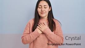  Presentation with blue eyes - Slide deck featuring young-latin-woman-standing-over background and a coral colored foreground