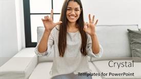  Presentation with sign language - Slide deck having young-latin-woman-talking background and a mint green colored foreground