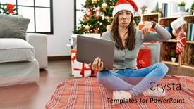  Presentation with sad woman - Presentation theme having young-latin-woman-using-laptop background and a coral colored foreground