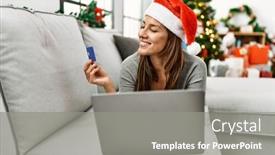  Presentation with christmas card - PPT theme having young-latin-woman-using-laptop background and a  colored foreground