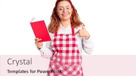  Presentation with recipe book - Slide deck featuring young-latin-woman-wearing-apron background and a coral colored foreground