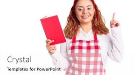  Presentation with recipe book - Colorful presentation theme enhanced with young-latin-woman-wearing-apron backdrop and a white colored foreground