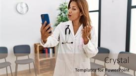  Presentation with waiting room - Slides featuring young-latin-woman-wearing-doctor background and a  colored foreground