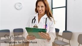  Presentation with waiting room - Slide deck featuring young-latin-woman-wearing-doctor background and a coral colored foreground